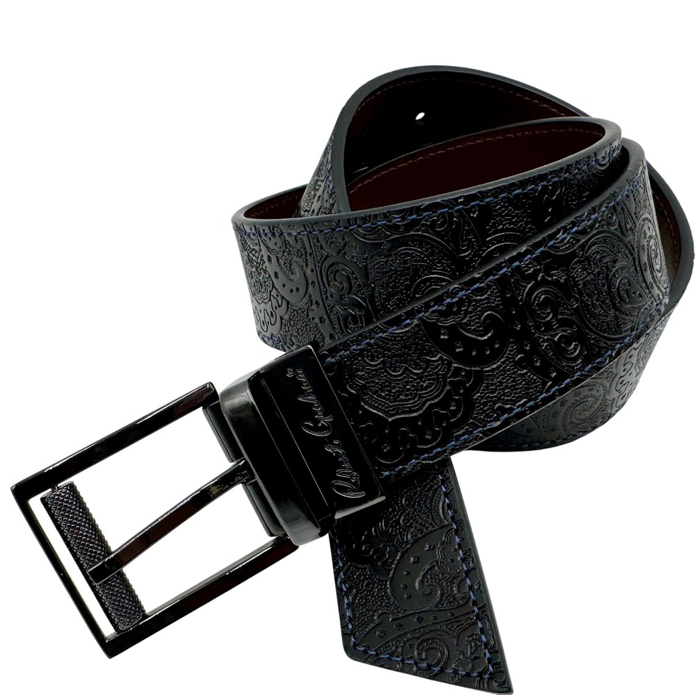 Robert Graham Leather Belt Mens Size 36 Embossed Paisley Reversible Black Luxury